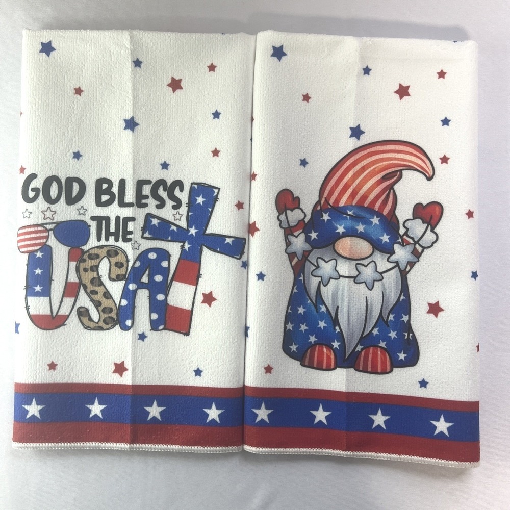 God Bless USA Patriotic Kitchen Towels Set 2 Gnome 4th July Deco